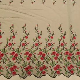 Black, Red and Green Floral Double Scalloped Embroidered Tulle Fabric