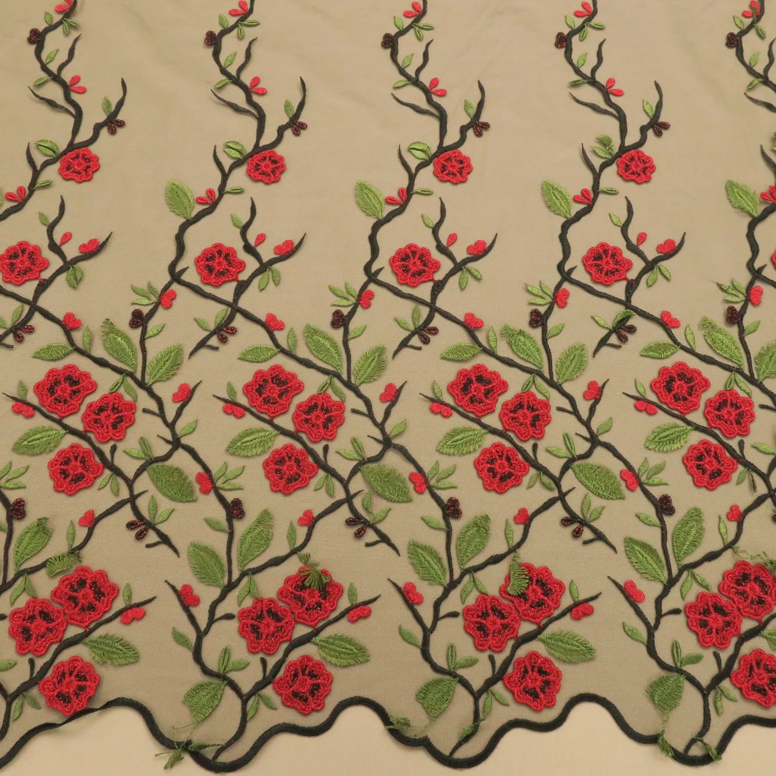Black, Red and Green Floral Double Scalloped Embroidered Tulle Fabric