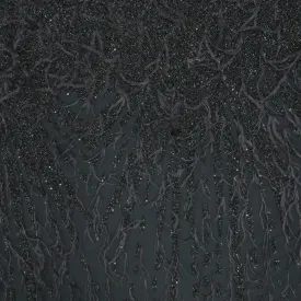 Black Sequins, Beads and Feathers Embroidered Tulle Fabric