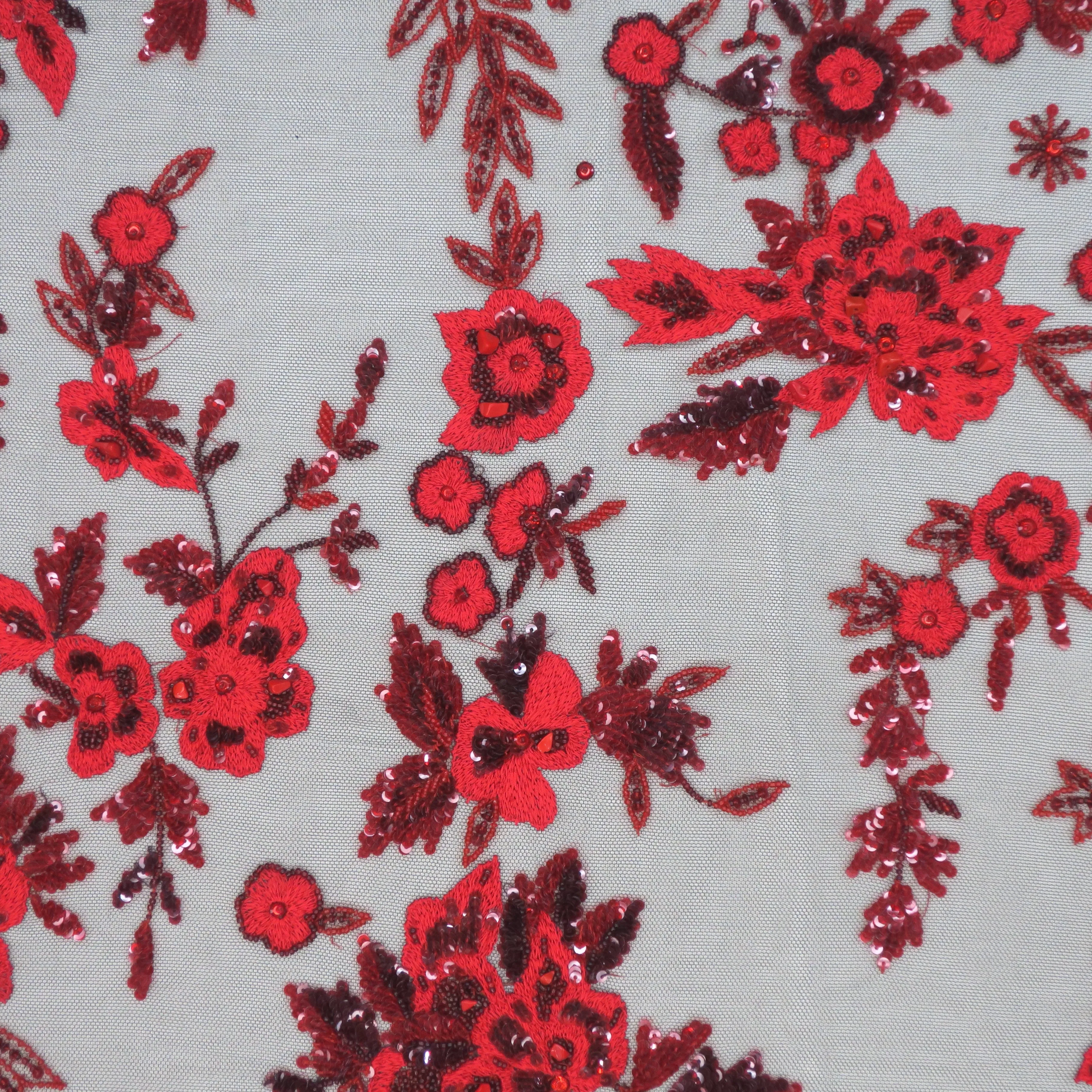 Black Tulle with Red Sequin Floral Design Embroidered Fabric
