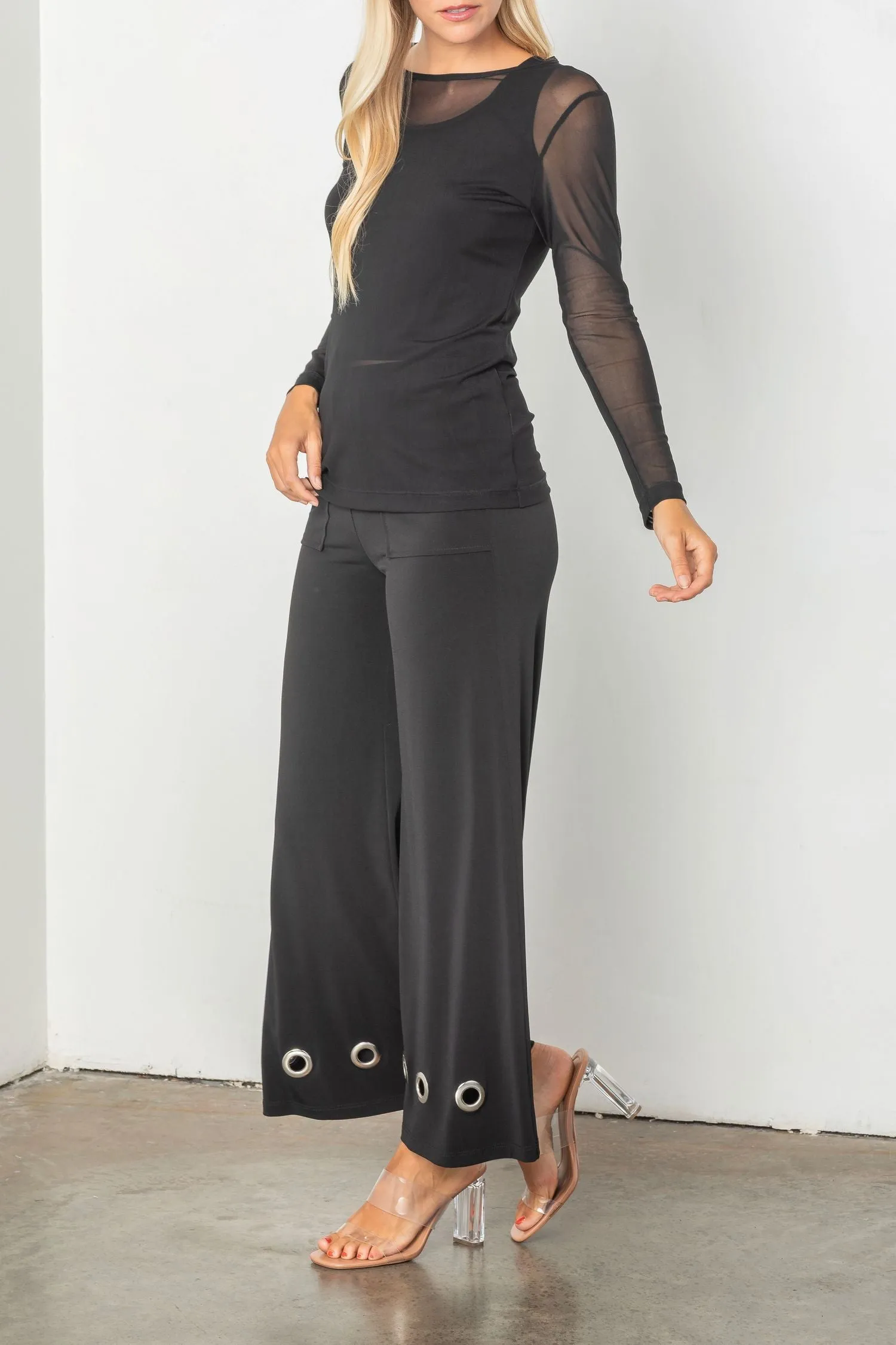 Black Wide Leg Grommet Hem Pants