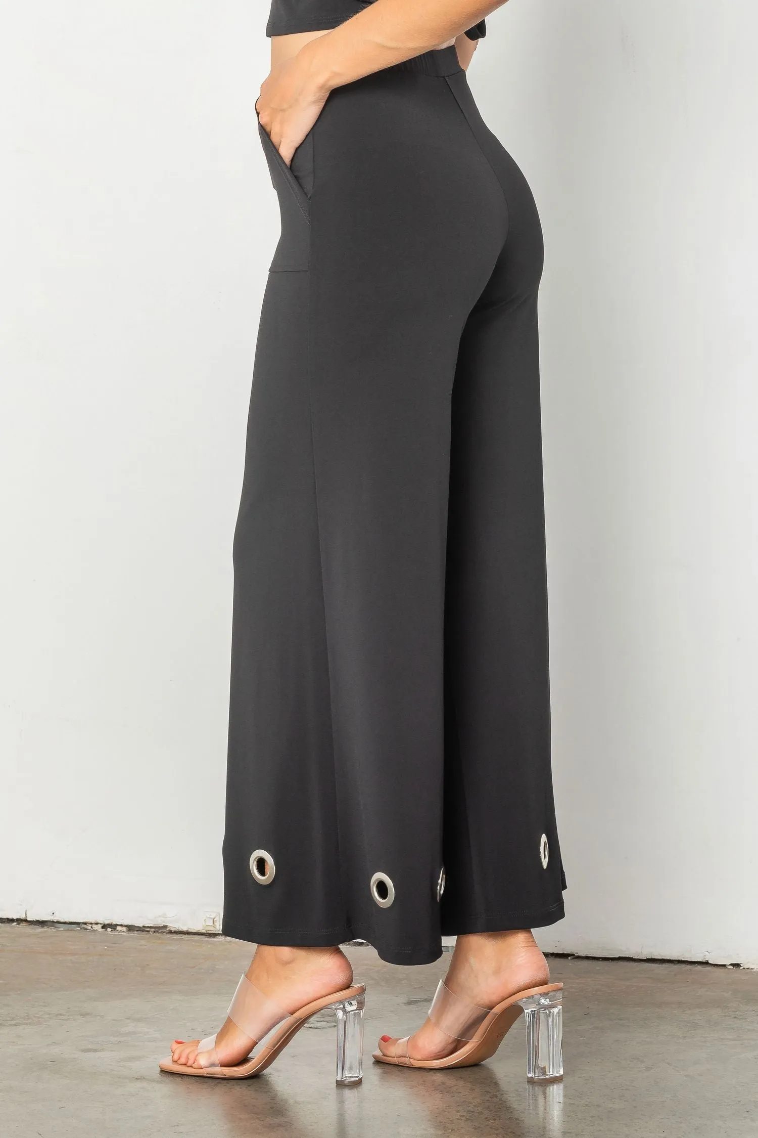 Black Wide Leg Grommet Hem Pants