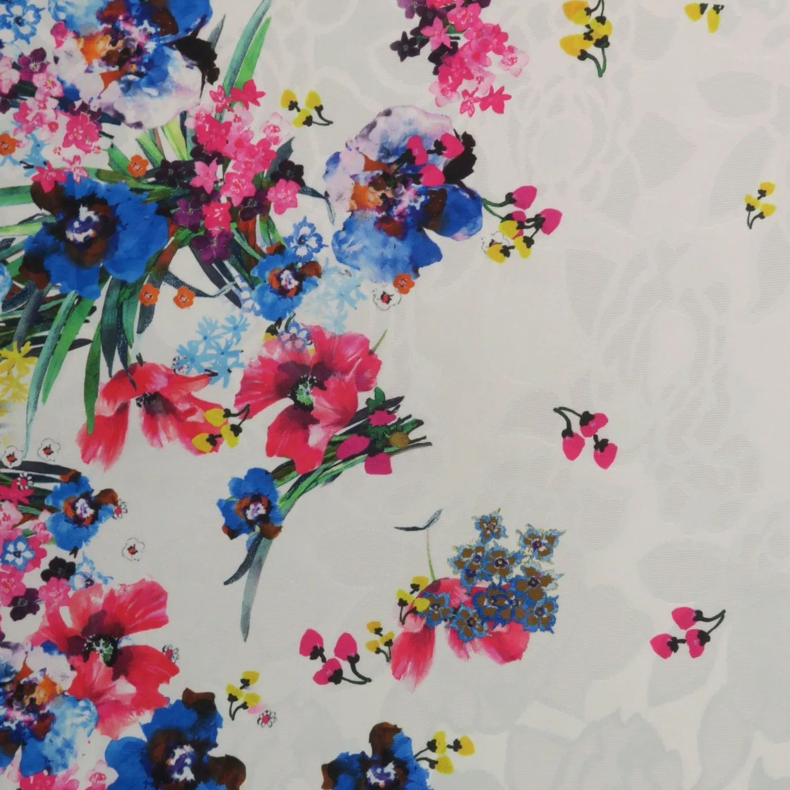 Blue Floral on White Printed Polyester Mikado Fabric