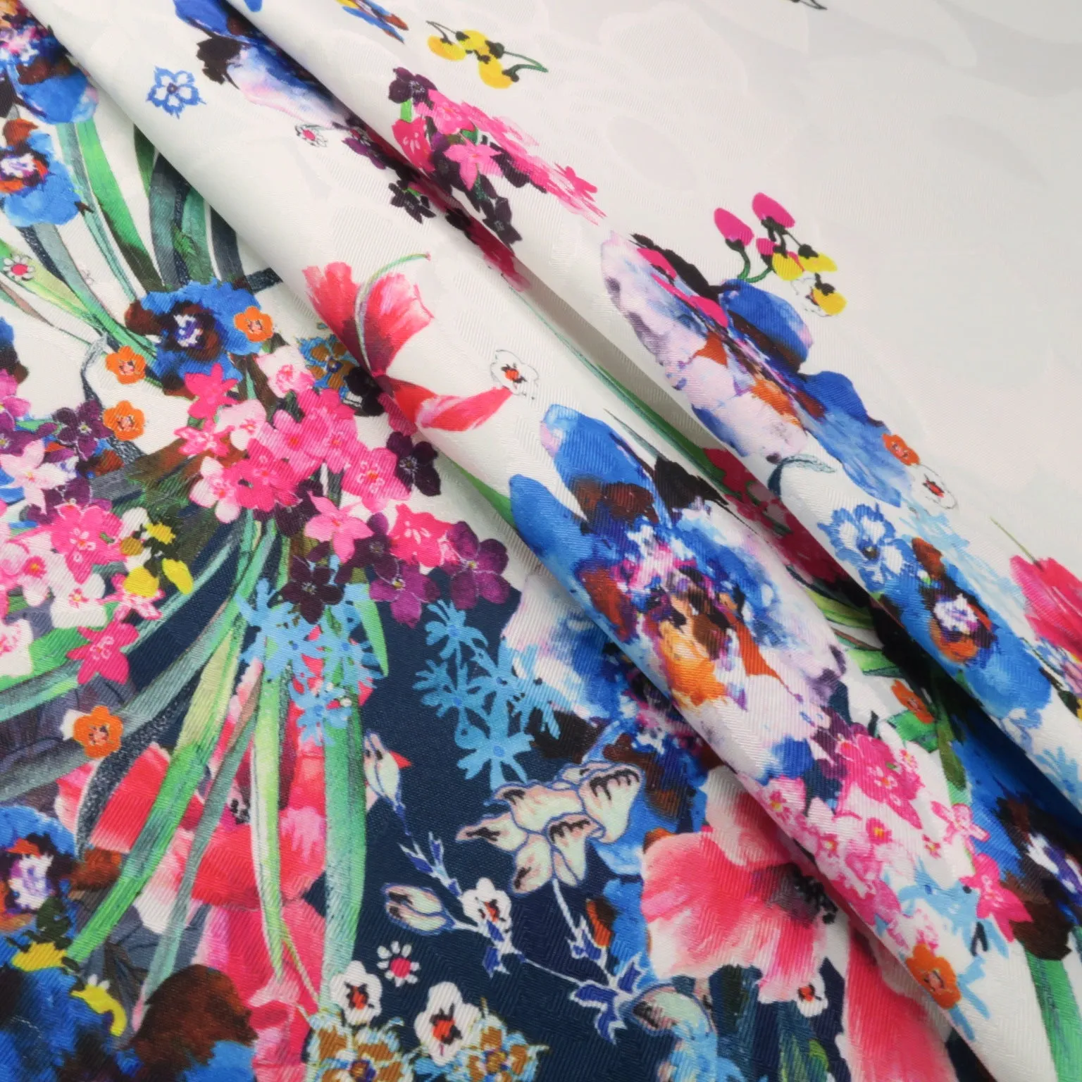 Blue Floral on White Printed Polyester Mikado Fabric