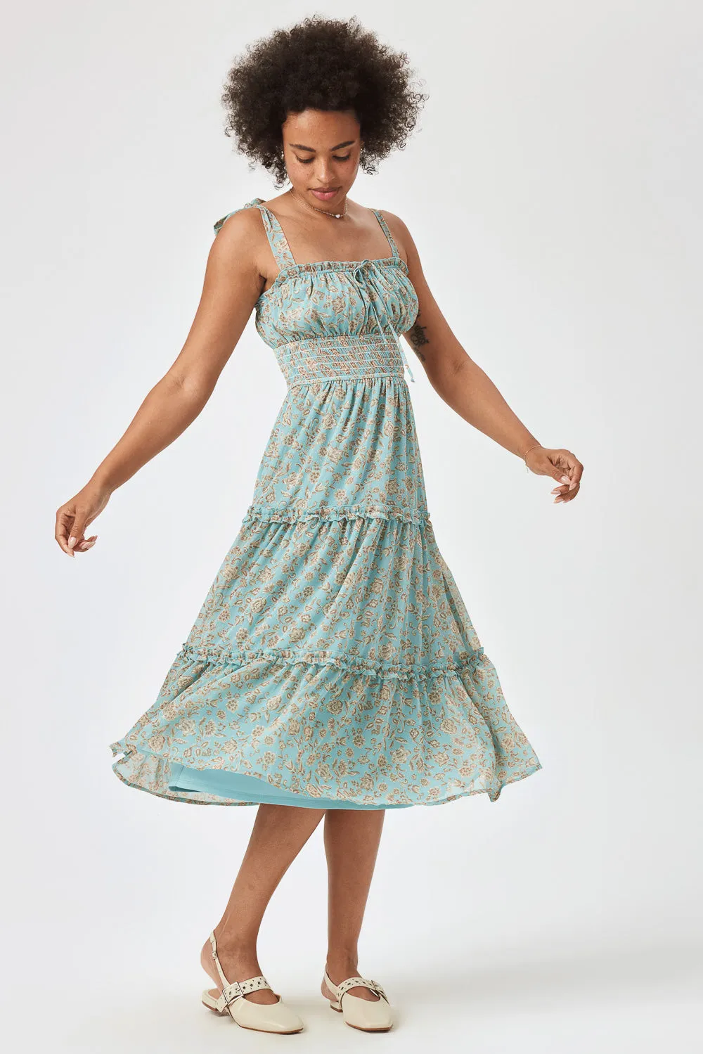 Blue Floral Tie Shoulder Midi Dress