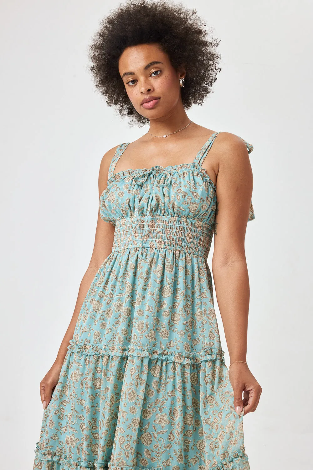 Blue Floral Tie Shoulder Midi Dress