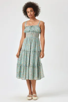 Blue Floral Tie Shoulder Midi Dress