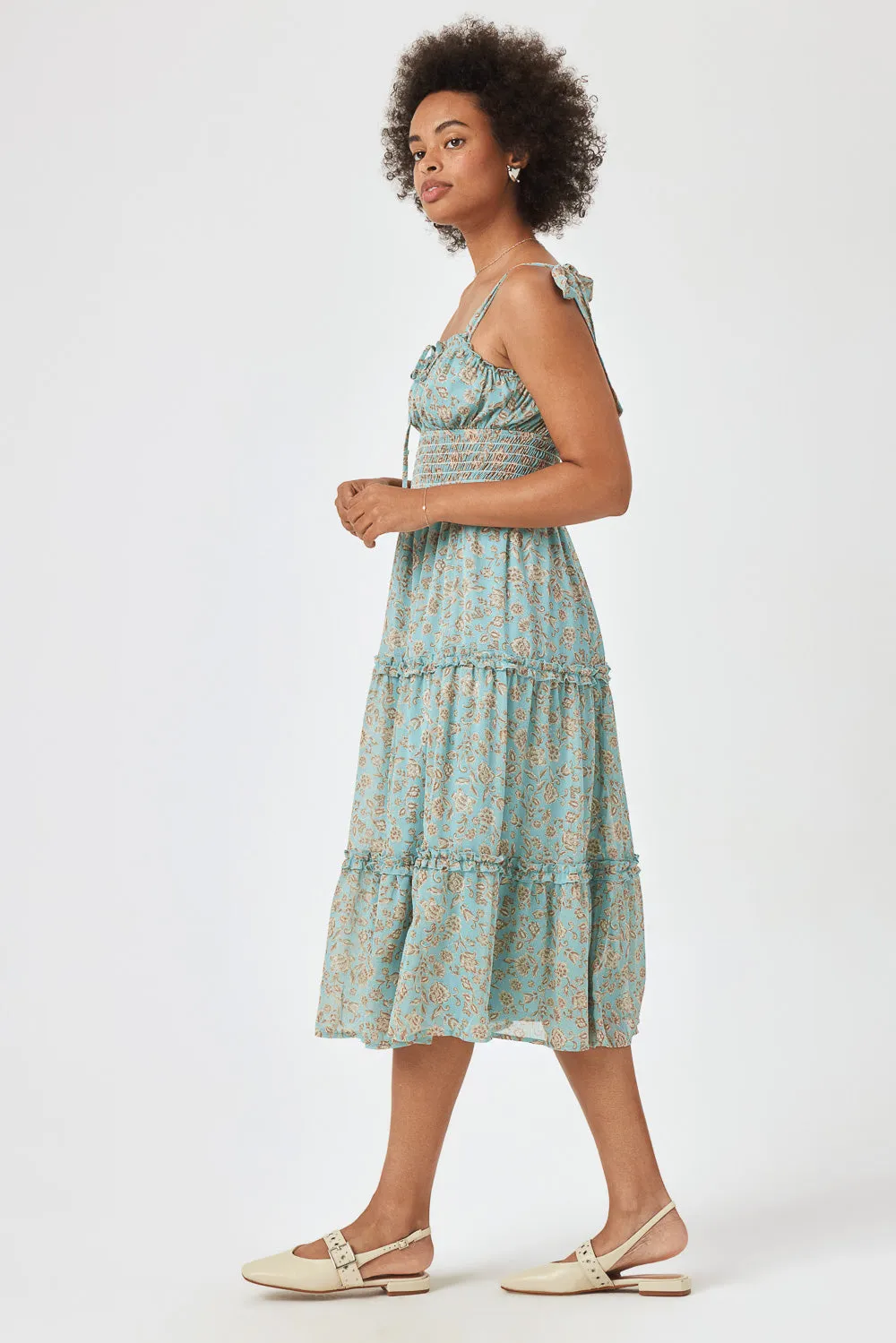 Blue Floral Tie Shoulder Midi Dress