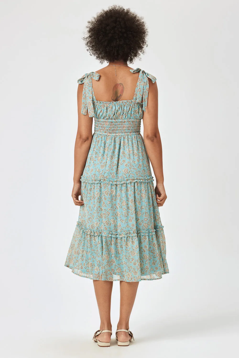 Blue Floral Tie Shoulder Midi Dress