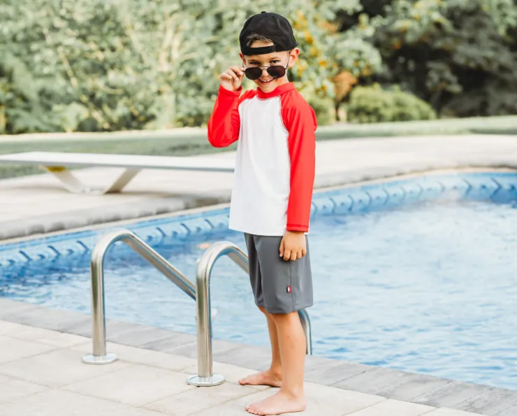 Boys UPF 50  Color Block Solid Long Sleeve Rashguard | White with Navy