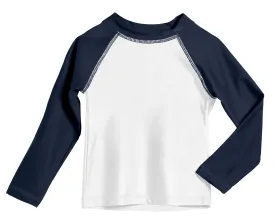 Boys UPF 50  Color Block Solid Long Sleeve Rashguard | White with Navy