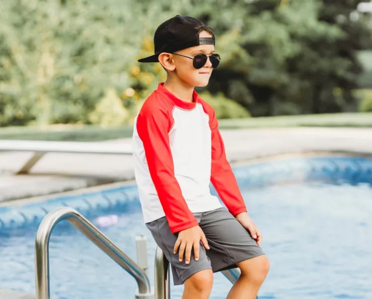Boys UPF 50  Color Block Solid Long Sleeve Rashguard | White with Navy
