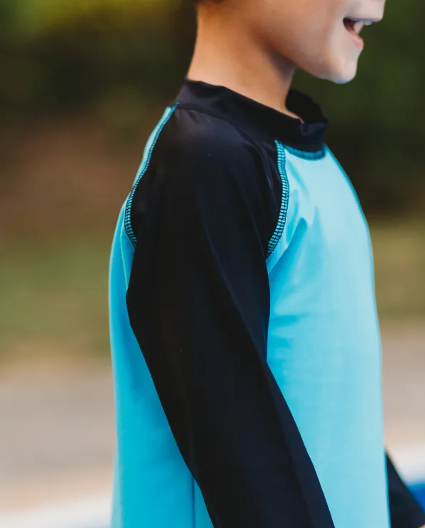 Boys UPF 50  Color Block Solid Long Sleeve Rashguard | White with Navy