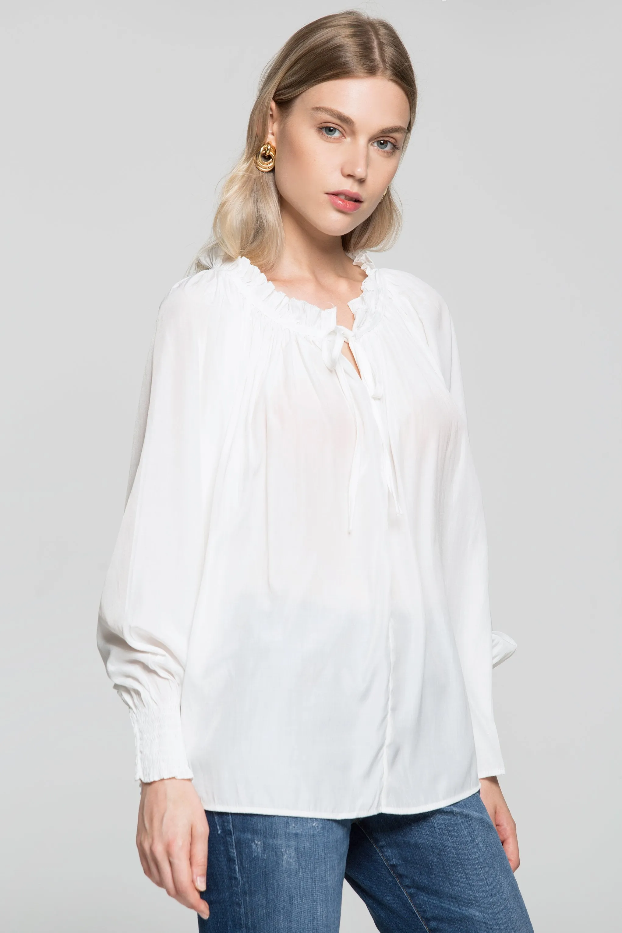 Bright White Gathers Smocked Sleeves Top