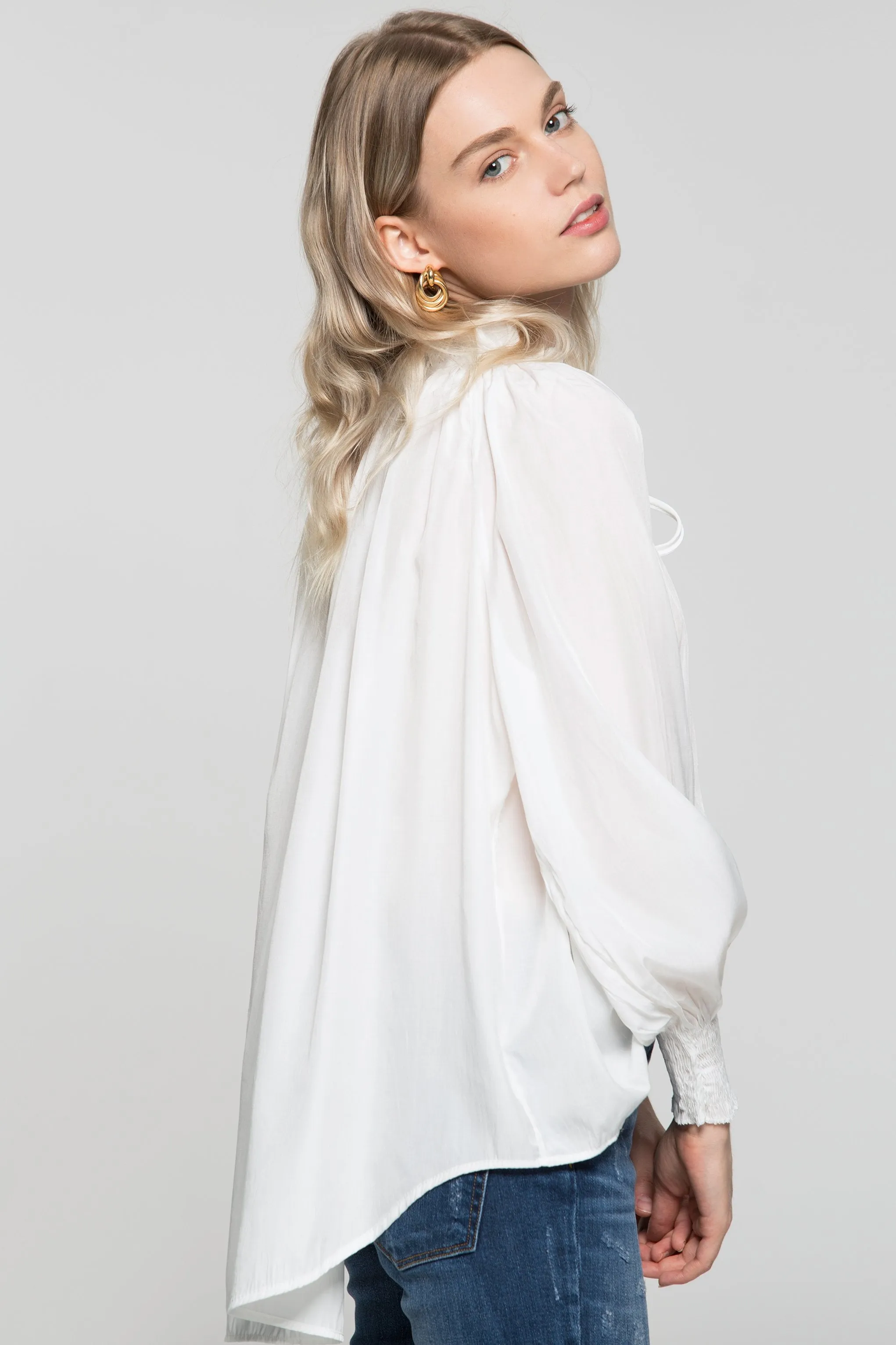 Bright White Gathers Smocked Sleeves Top
