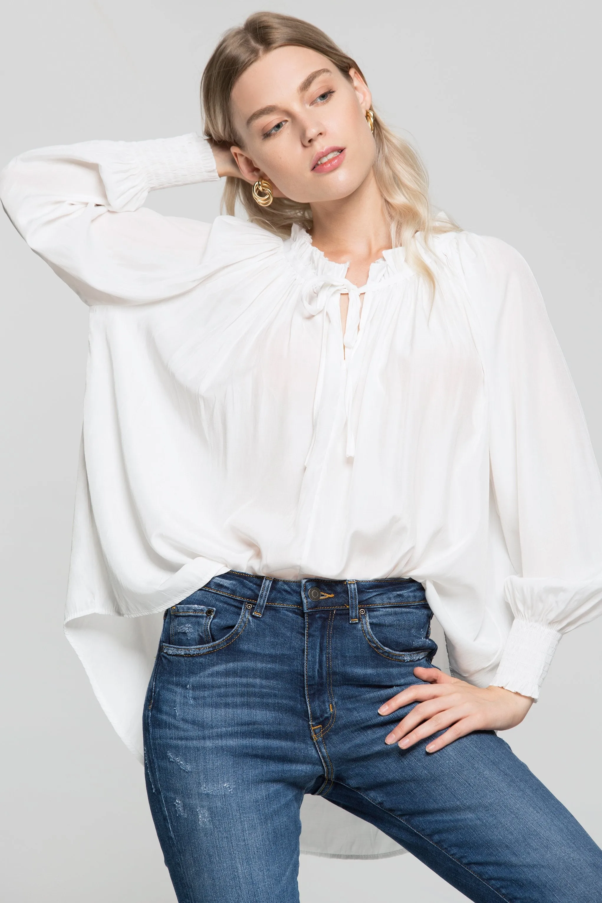 Bright White Gathers Smocked Sleeves Top