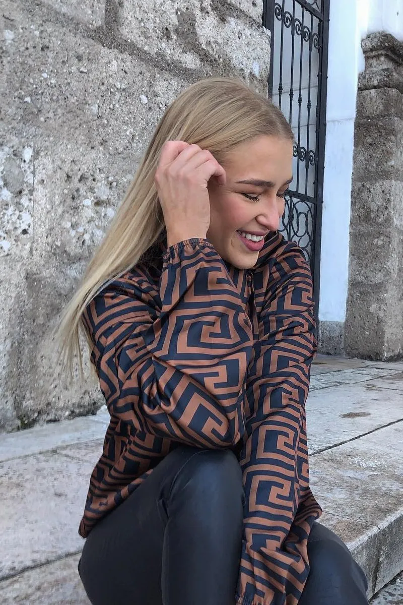 Brown Aztec Print Satin Long Sleeve Bow Shirt - Abrah