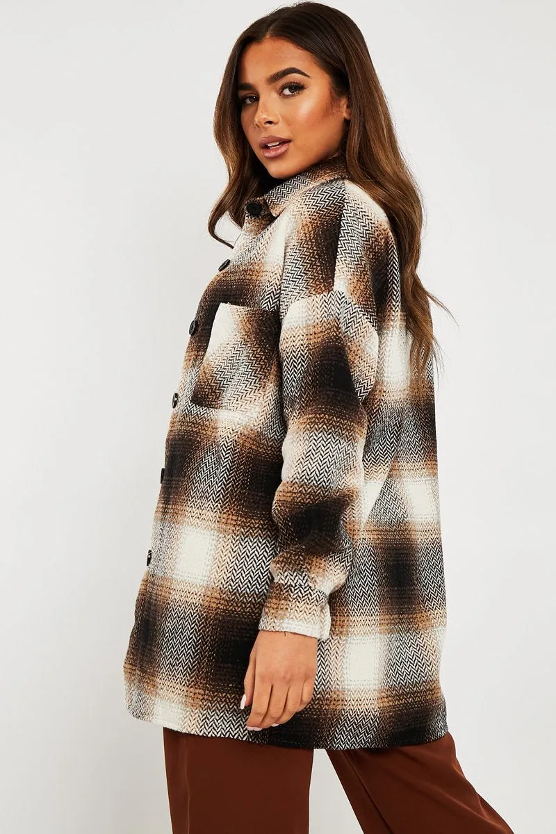 Brown Textured Check Oversized Shacket - Saphia