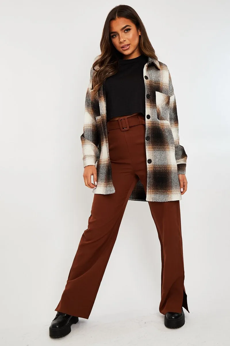 Brown Textured Check Oversized Shacket - Saphia