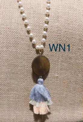 Brown Wood Tassel Necklace - Grey /