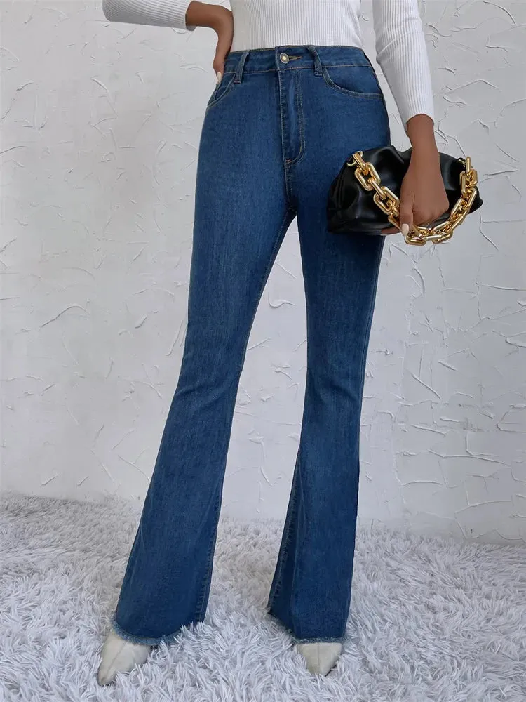 Button Fly Women's Raw Hem Flare Jeans Autumn Fashion Woman Denim Pants Jean Femme High Waist Full Length Slim Jeans