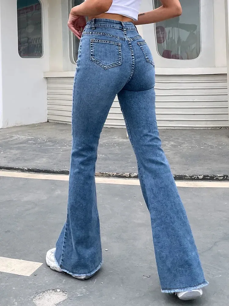 Button Fly Women's Raw Hem Flare Jeans Autumn Fashion Woman Denim Pants Jean Femme High Waist Full Length Slim Jeans