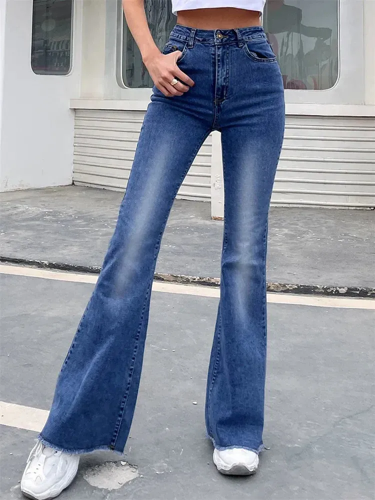 Button Fly Women's Raw Hem Flare Jeans Autumn Fashion Woman Denim Pants Jean Femme High Waist Full Length Slim Jeans