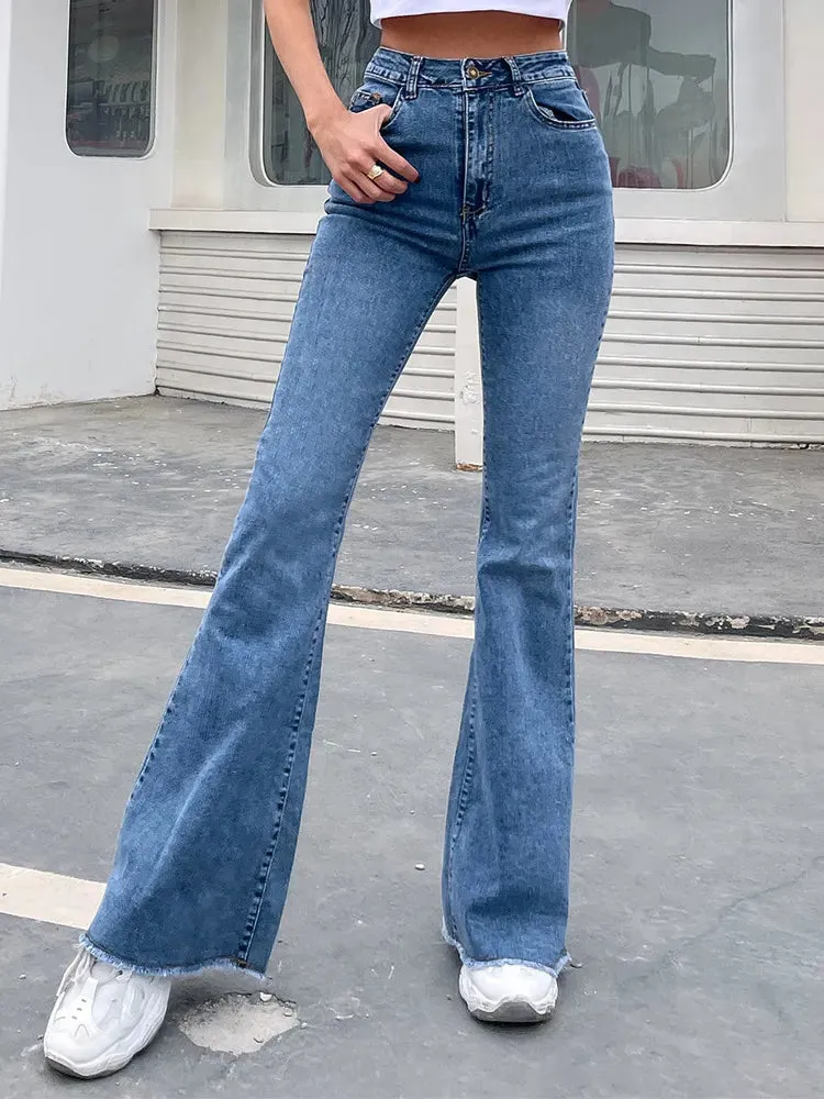 Button Fly Women's Raw Hem Flare Jeans Autumn Fashion Woman Denim Pants Jean Femme High Waist Full Length Slim Jeans
