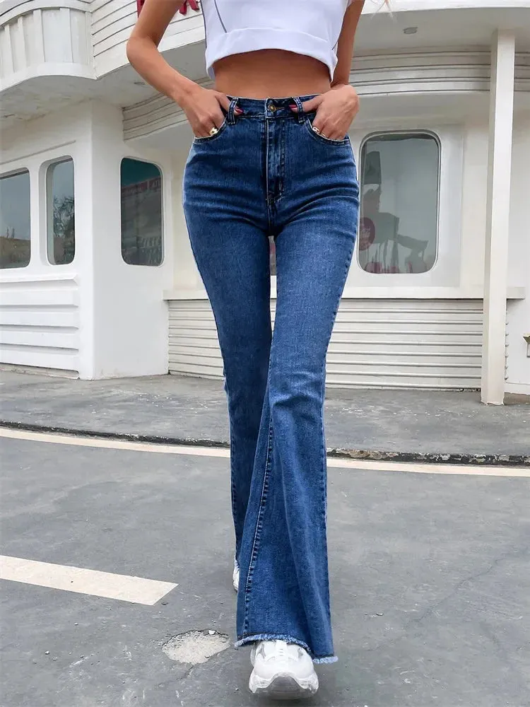 Button Fly Women's Raw Hem Flare Jeans Autumn Fashion Woman Denim Pants Jean Femme High Waist Full Length Slim Jeans
