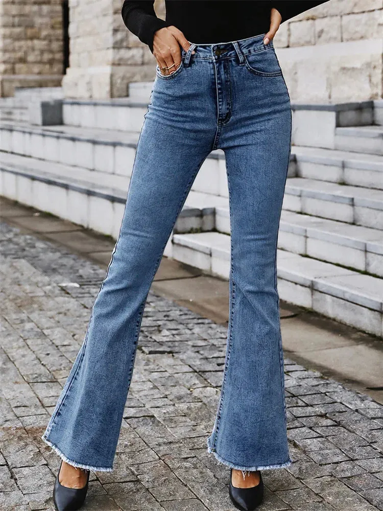 Button Fly Women's Raw Hem Flare Jeans Autumn Fashion Woman Denim Pants Jean Femme High Waist Full Length Slim Jeans