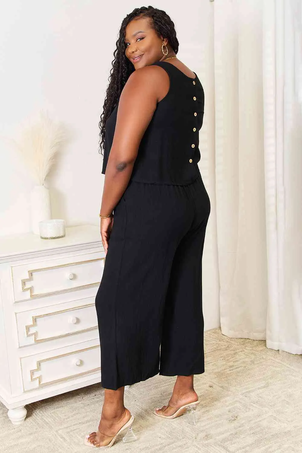 Buttoned Round Neck Tank and Wide Leg Pants Set