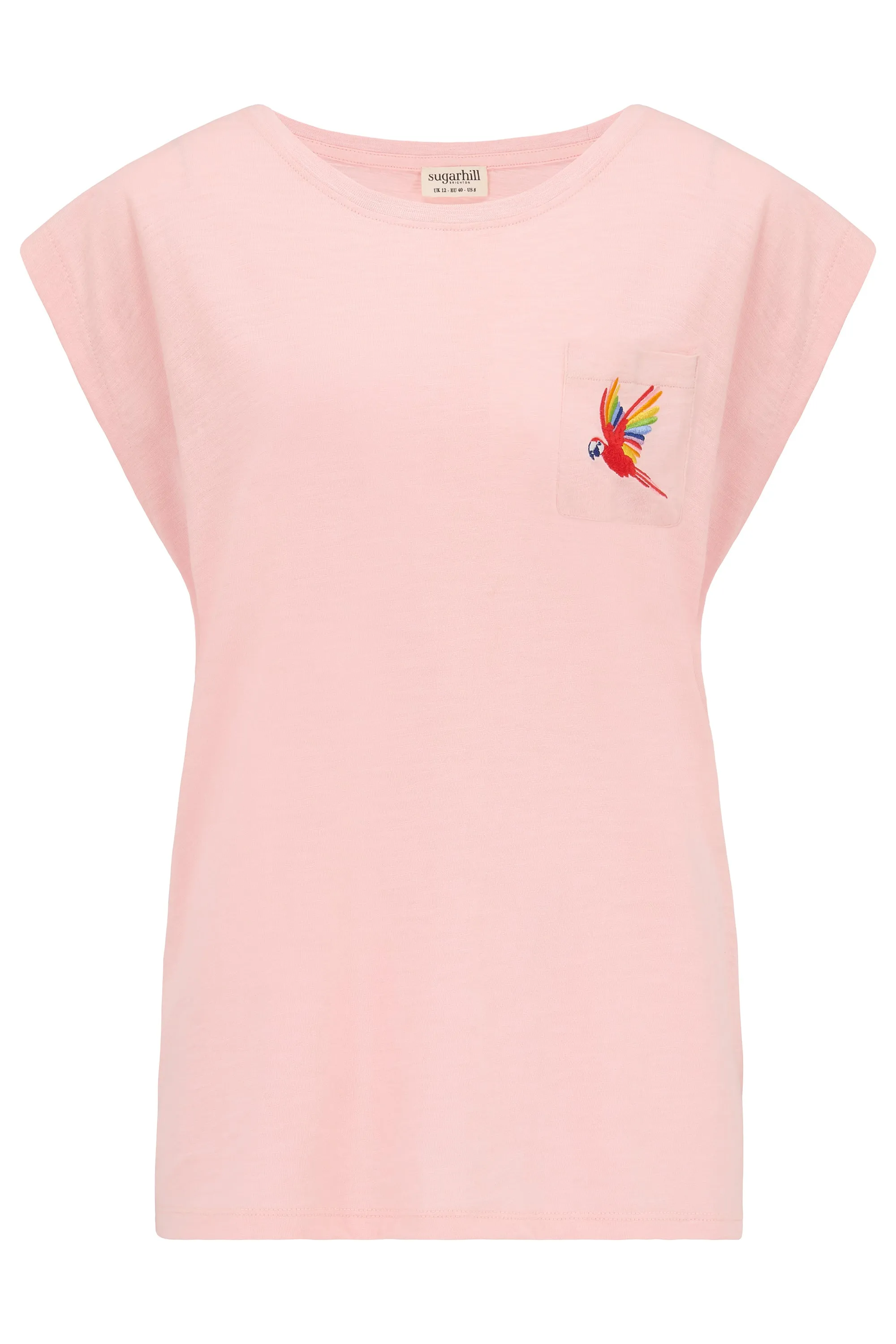 Chrissy Relaxed Tank T-Shirt - Pink, Rainbow Parrot Embroidery