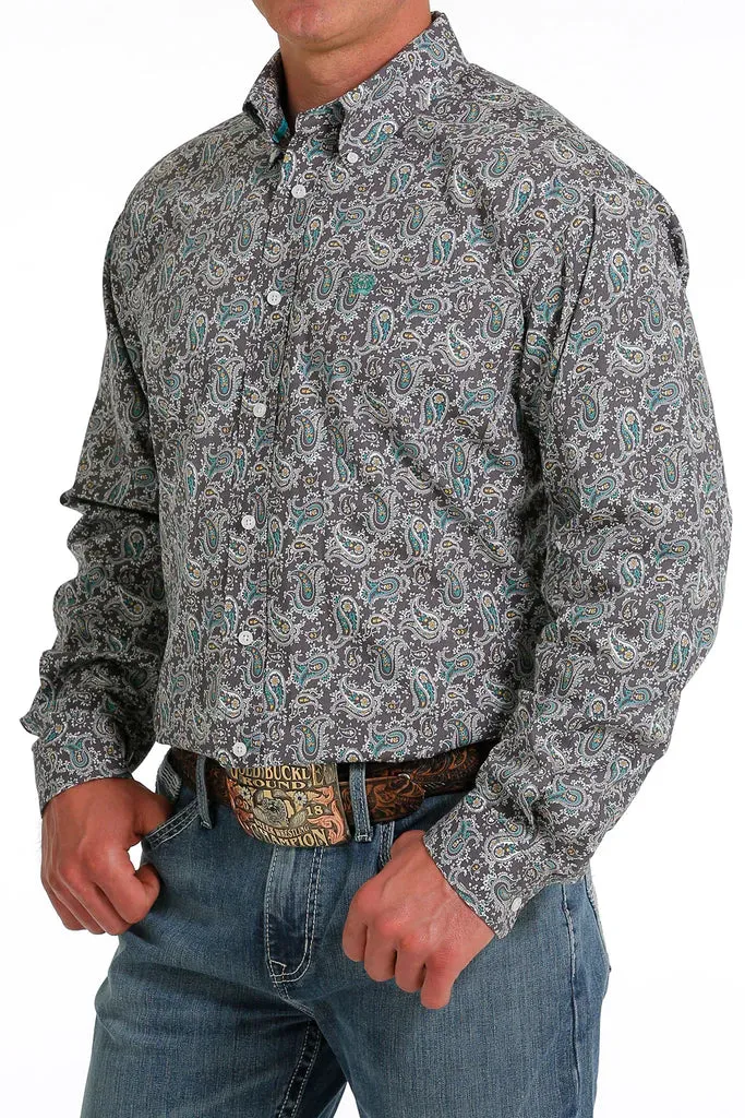 Cinch Mens Paisley Print Button Down Long Sleeve Shirt - Gray MTW1105584