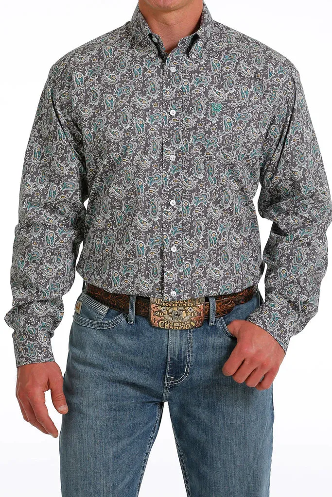 Cinch Mens Paisley Print Button Down Long Sleeve Shirt - Gray MTW1105584