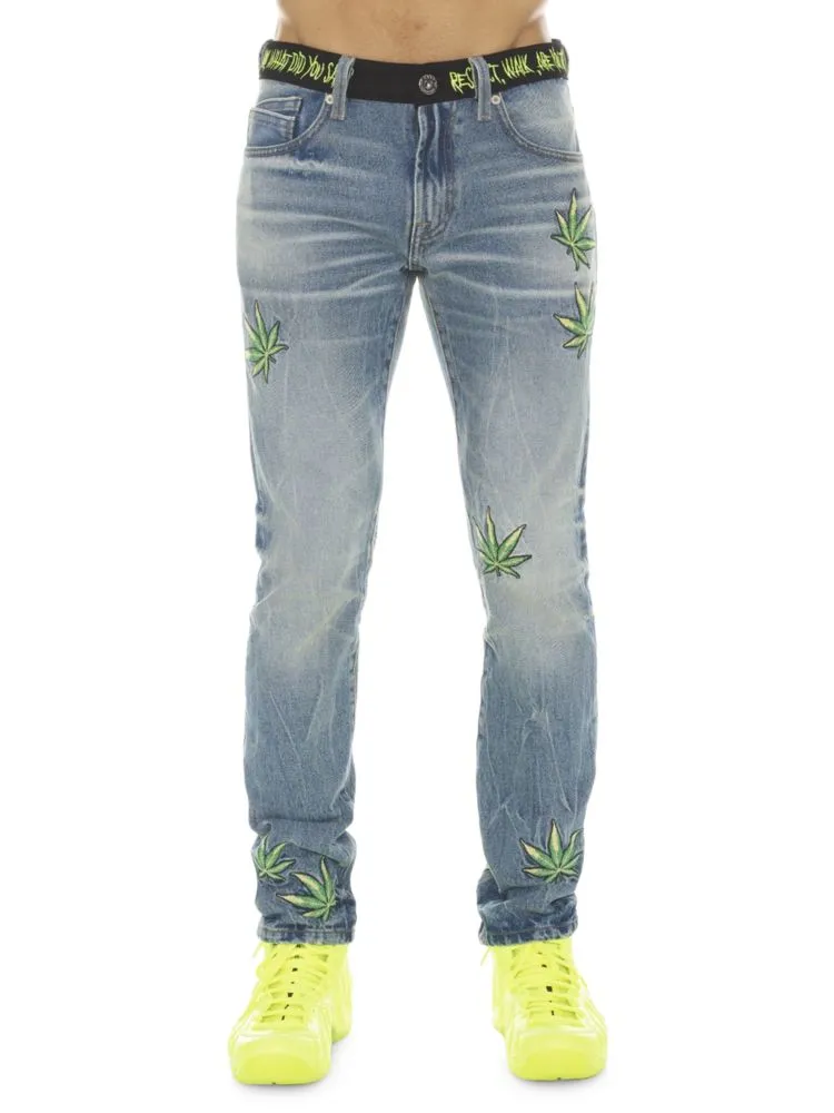 Cult Of Individuality Leaf Embroidered Jeans, Blue