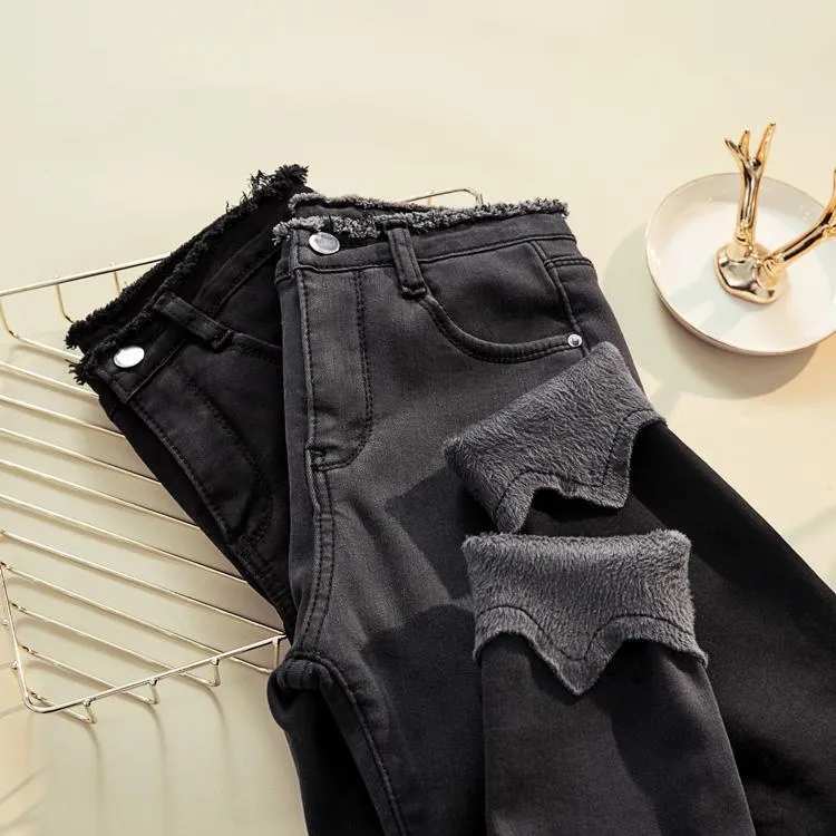 Denim Black Gray Blue Plus Velvet Fringe Jeans