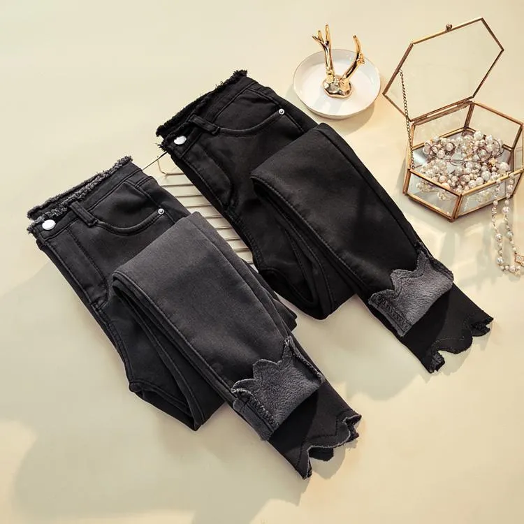 Denim Black Gray Blue Plus Velvet Fringe Jeans
