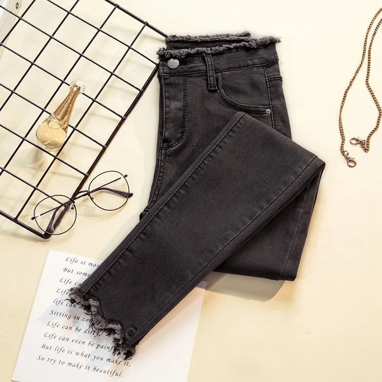 Denim Black Gray Blue Plus Velvet Fringe Jeans