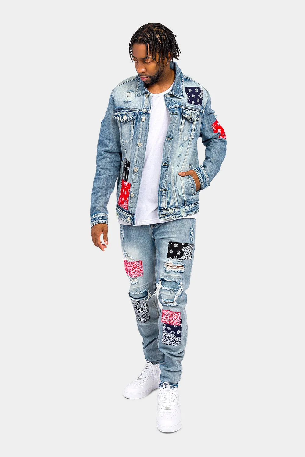 Distressed Bandana Paisley Patch Denim Jeans