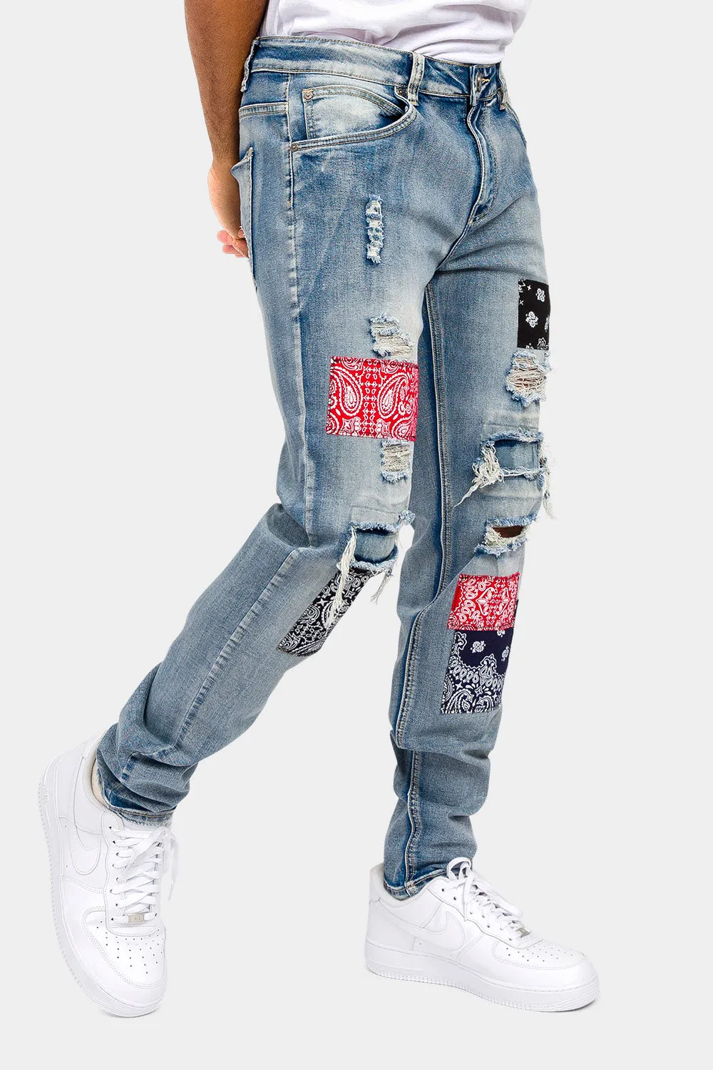 Distressed Bandana Paisley Patch Denim Jeans