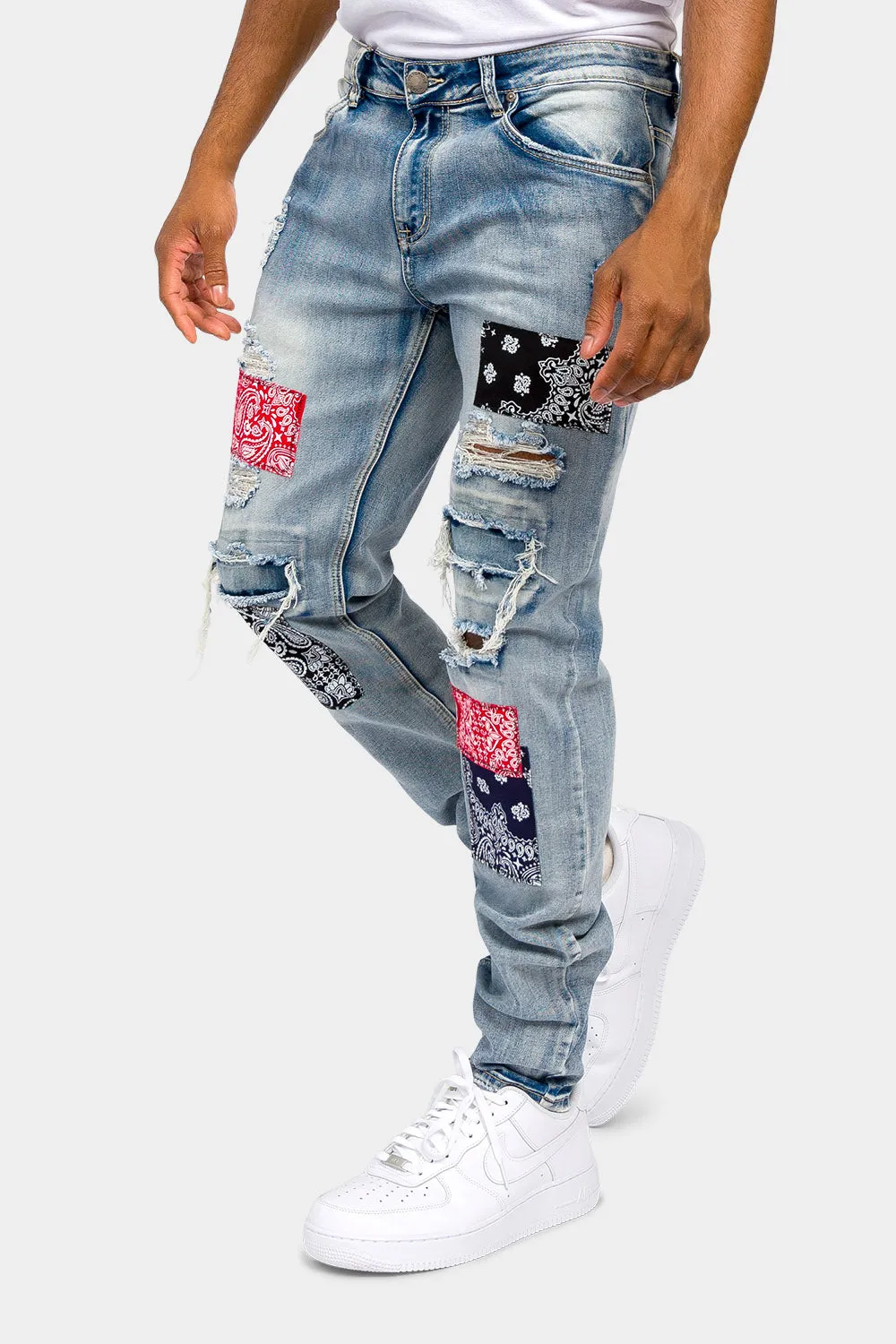 Distressed Bandana Paisley Patch Denim Jeans