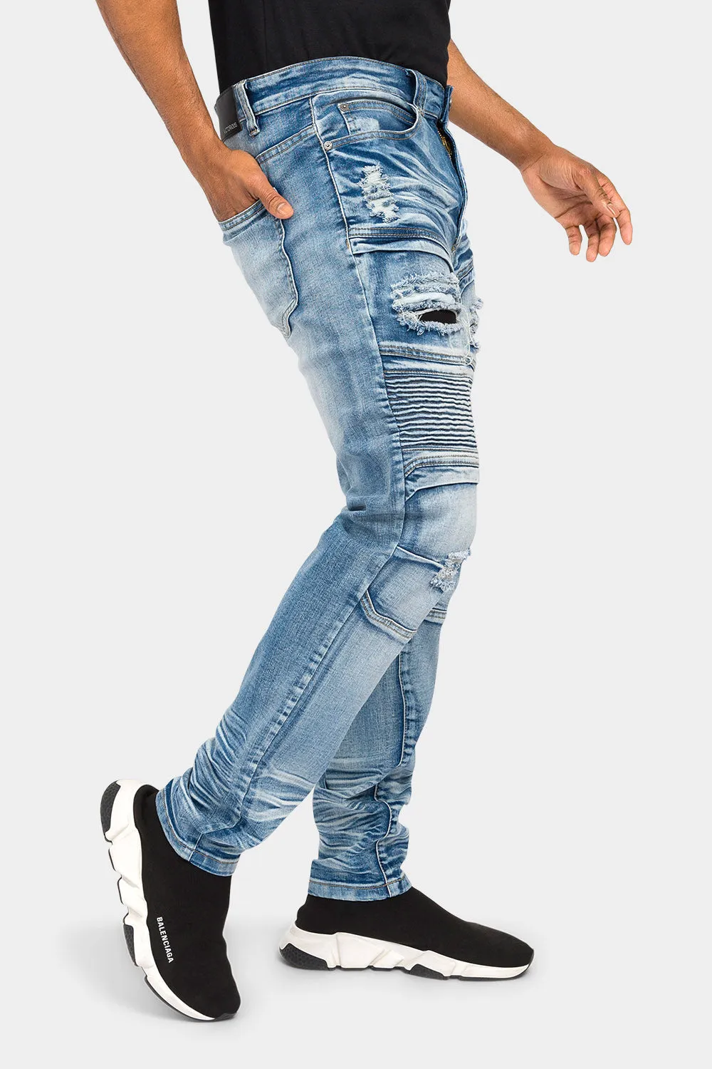 Faded Stacked Biker Denim Jeans