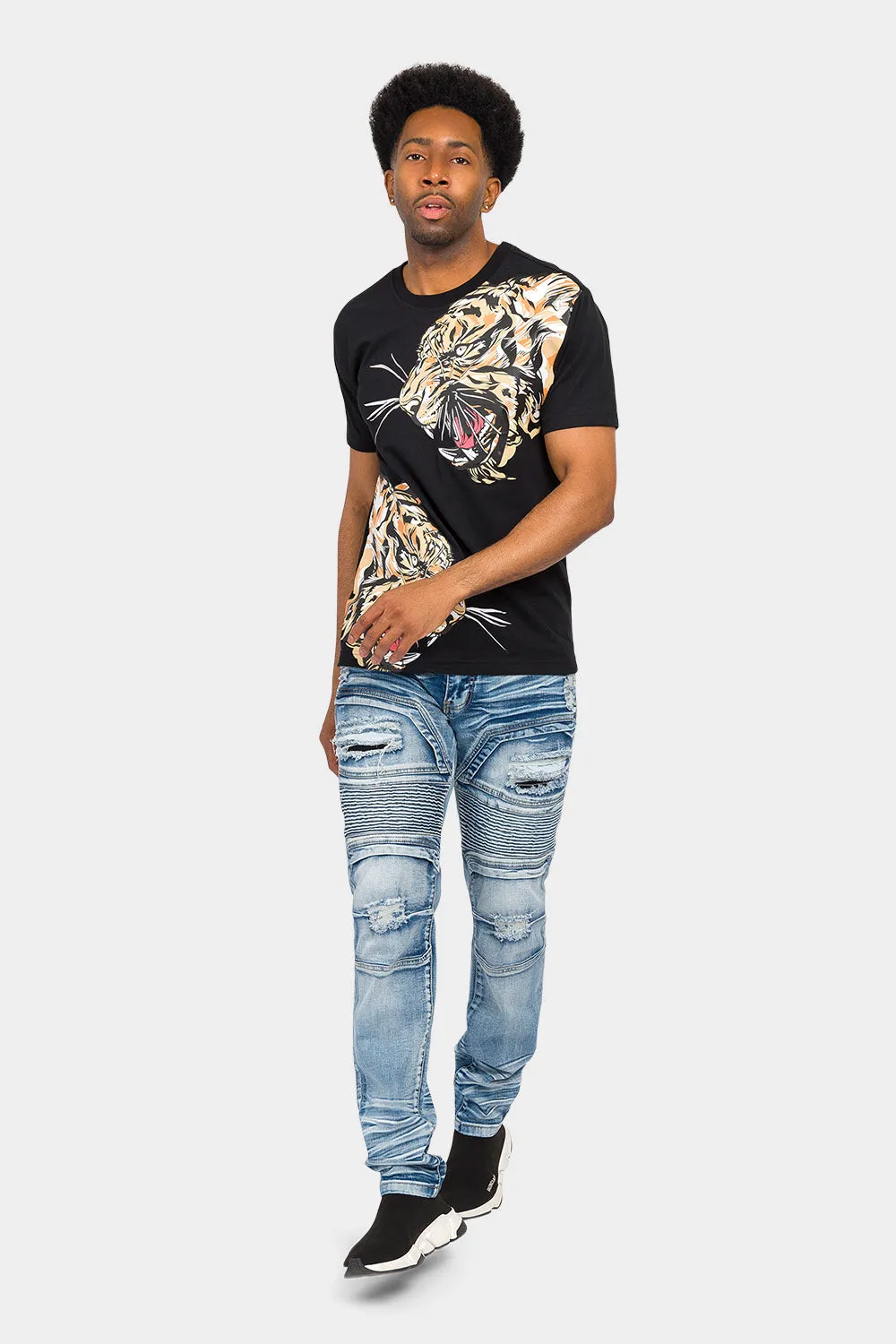 Faded Stacked Biker Denim Jeans