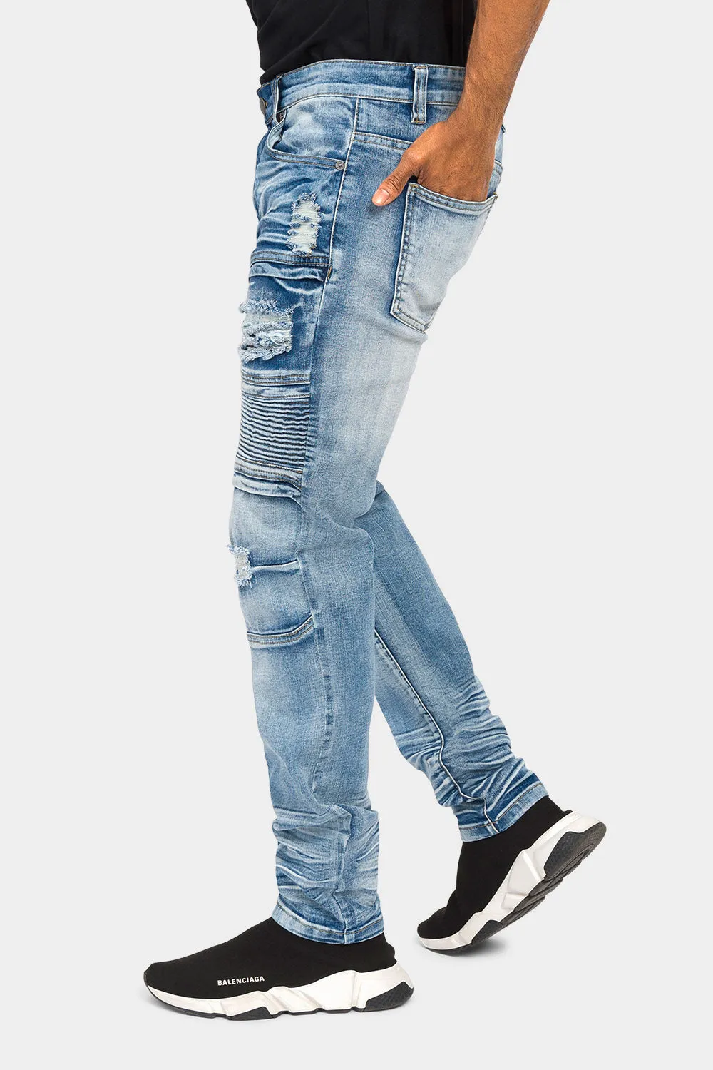 Faded Stacked Biker Denim Jeans