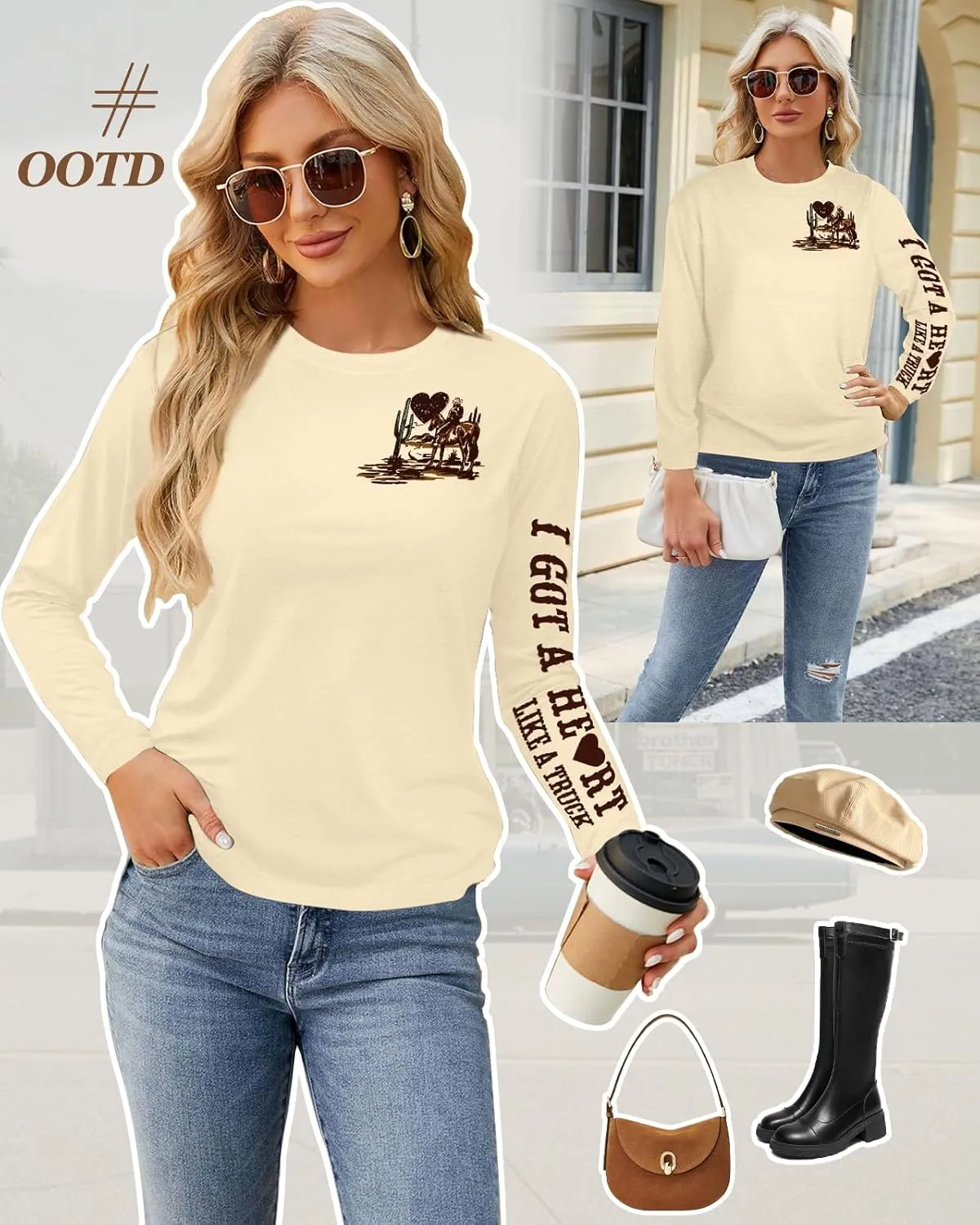 Flafens Long Sleeve T Shirts for Women - Crewneck Womens Graphic Tees Cotton Cute Cool Tshirts Teens Girls Girly