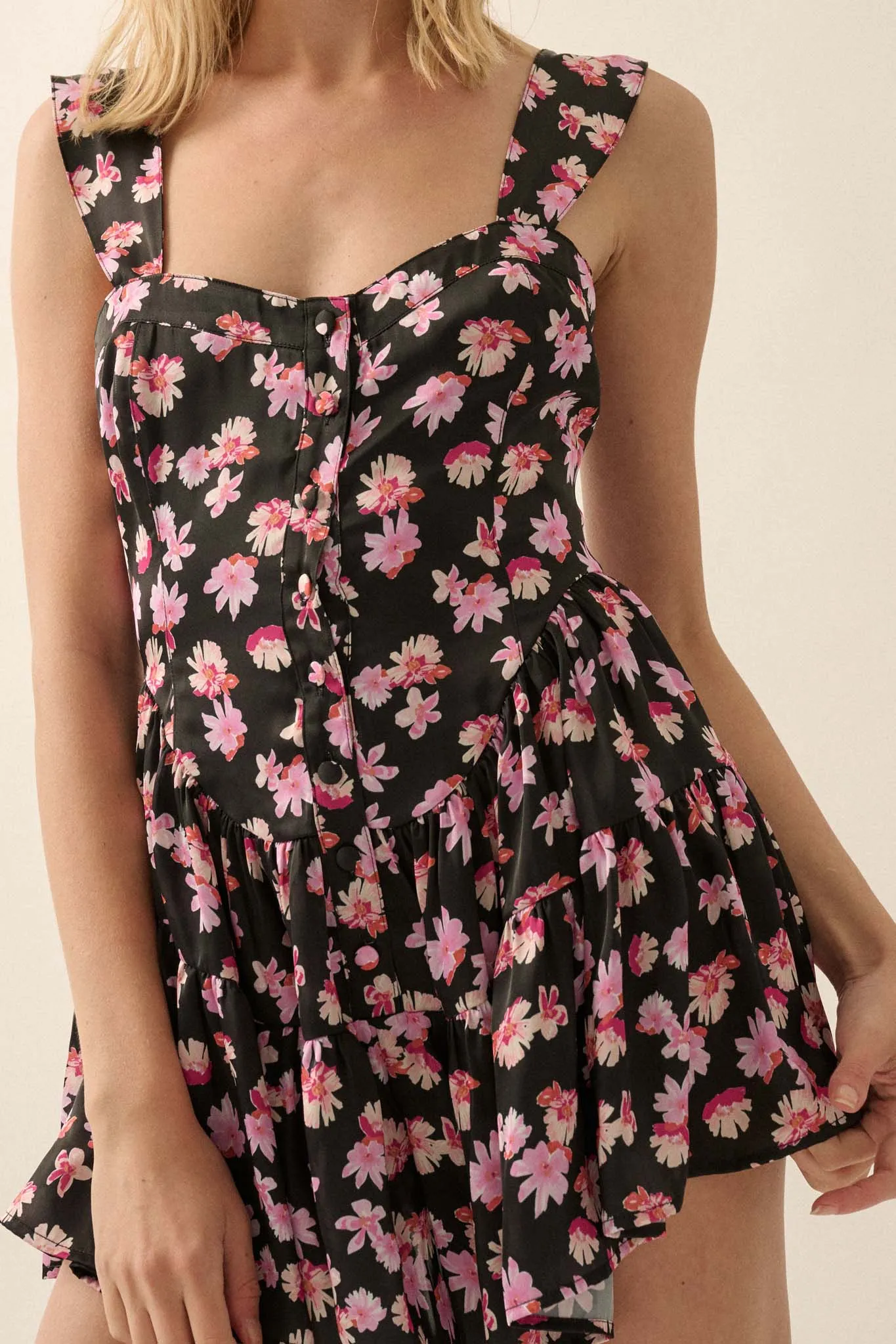 Flirty Flowers Floral Satin Fit-and-Flare Romper