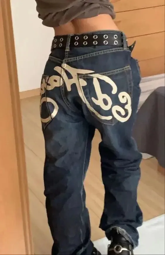 Getadme Japanese black high-waisted jeans oversized personality white cat print jeans for men and women Harajuku Y2K punk wide-leg pants