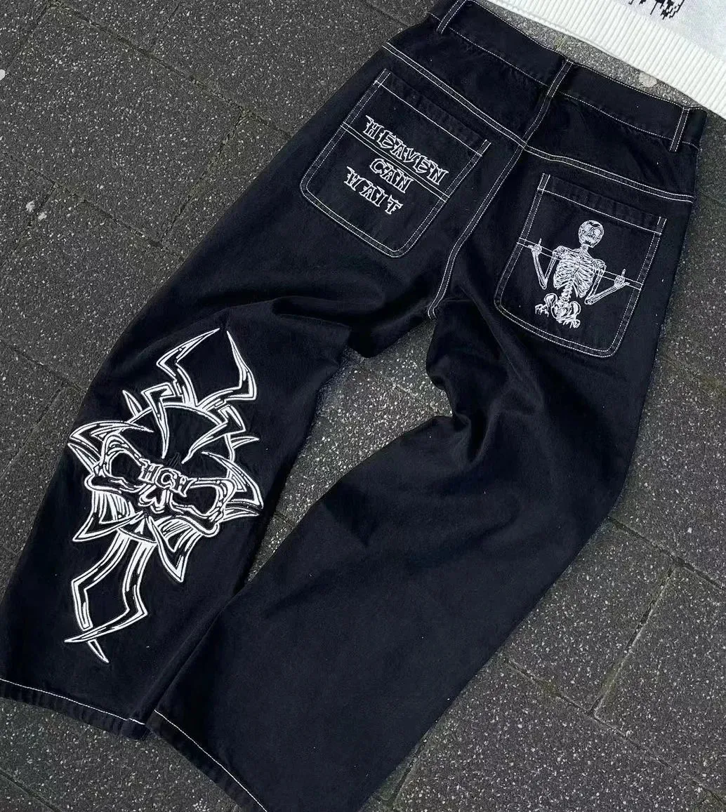 Getadme Japanese black high-waisted jeans oversized personality white cat print jeans for men and women Harajuku Y2K punk wide-leg pants