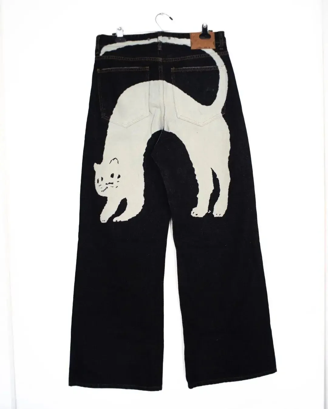 Getadme Japanese black high-waisted jeans oversized personality white cat print jeans for men and women Harajuku Y2K punk wide-leg pants