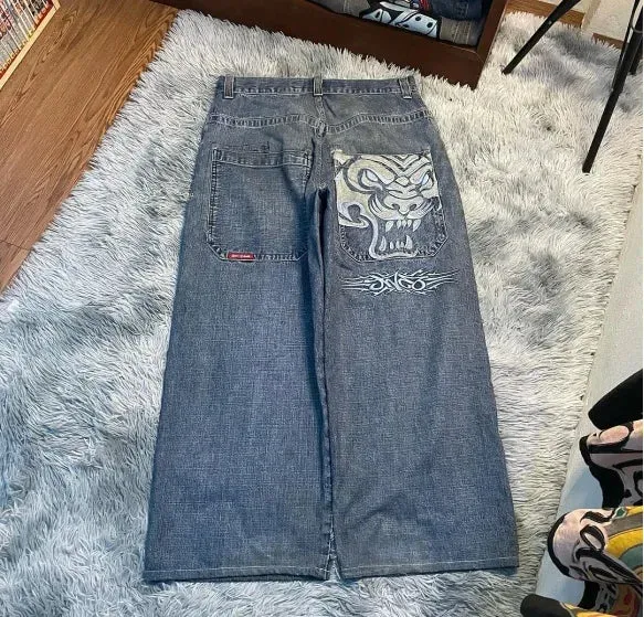 Getadme Japanese black high-waisted jeans oversized personality white cat print jeans for men and women Harajuku Y2K punk wide-leg pants